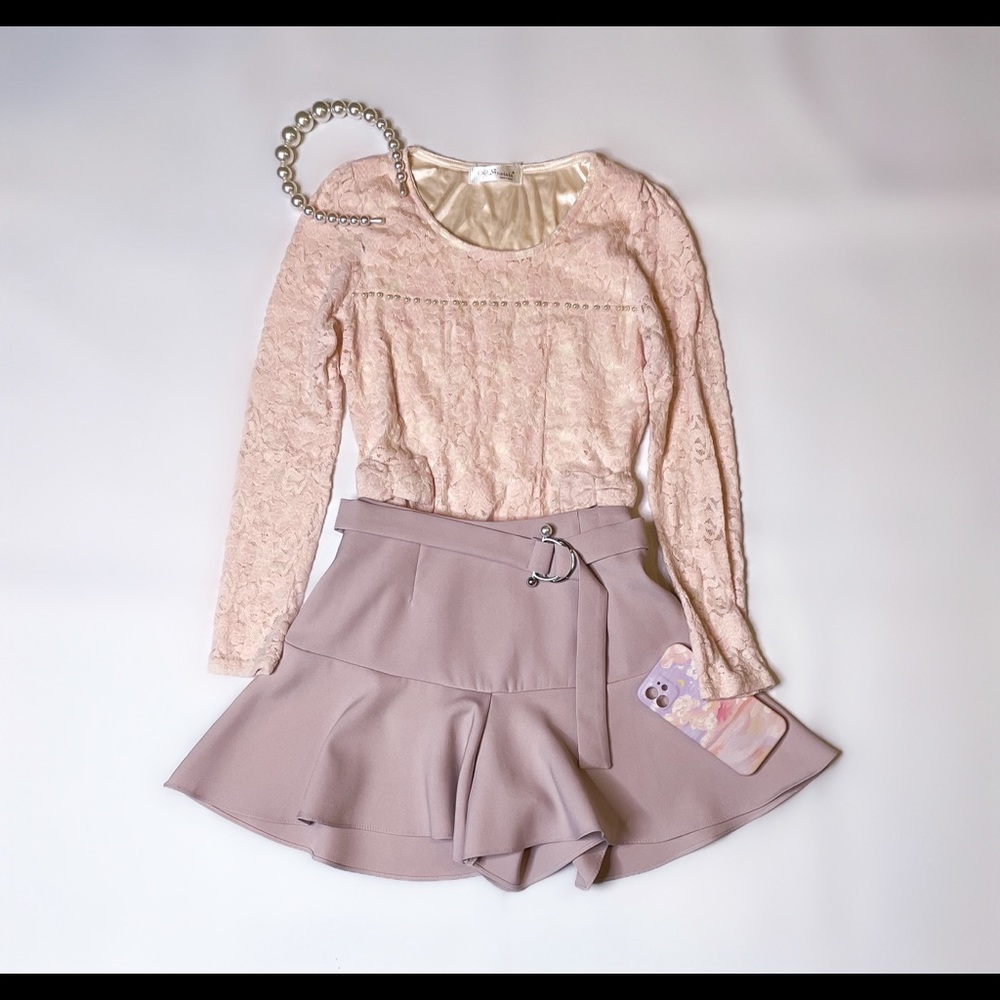 Korean Pink Lace Long Sleeve with Pearls - XS/S